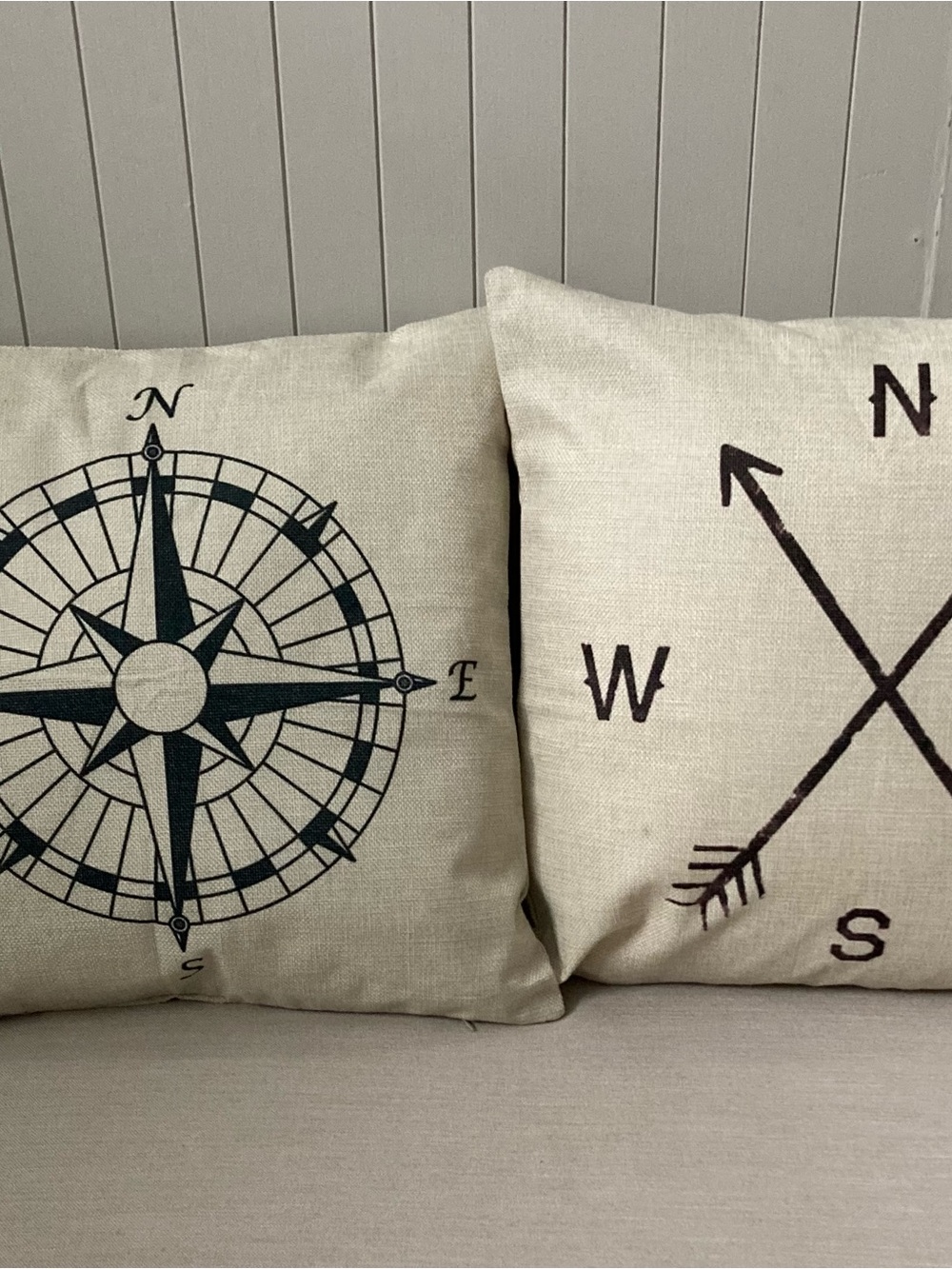 Nautical Compass & Arrow Decorative Throw Pillows in Natural and Dark Navy